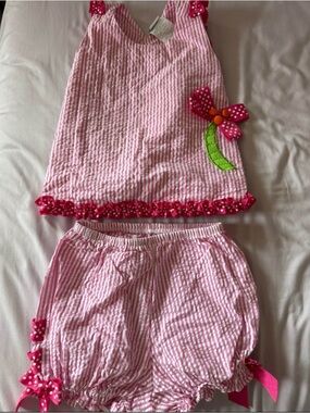 Pink Seersucker Flower Tank & Bloomers Set - 12 Months